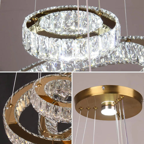Close-up of Modern Gold Finish Three Ring LED Crystal Chandelier Pendant Light with Adjustable Height and 50W Power.