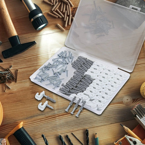 24 Pack White Wire Shelf Clips With Brackets Set for closet shelving, includes screws and expansion tubes, shown in storage box on workbench