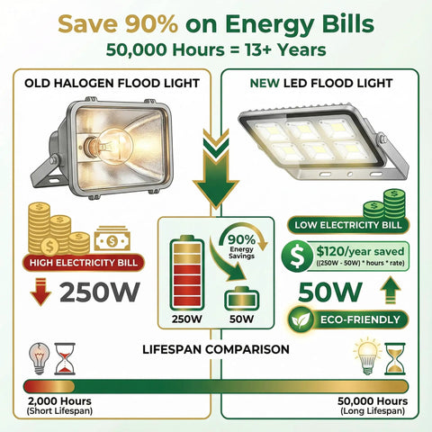 Comparison between old halogen and new Two Pack 50W LED Flood Lights Outdoor IP66 Waterproof Daylight 6500K 14000 Lumens.