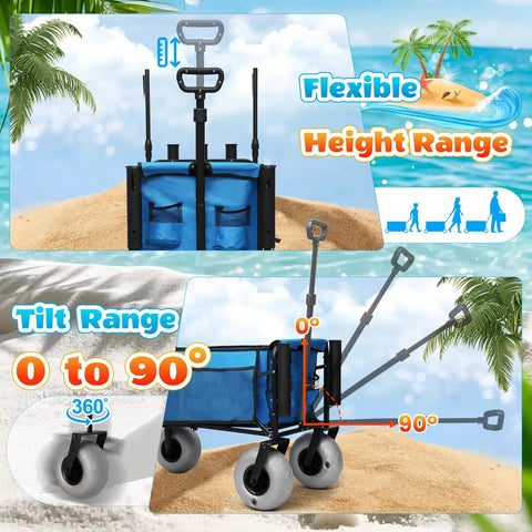 Heavy Duty Beach Fishing Cart For Sand With 9 Inch All Terrain Wheels and adjustable height shown on sandy beach