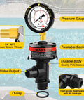 AetralYB manual pool filter air relief valve with stainless steel pressure gauge on a black PVC body