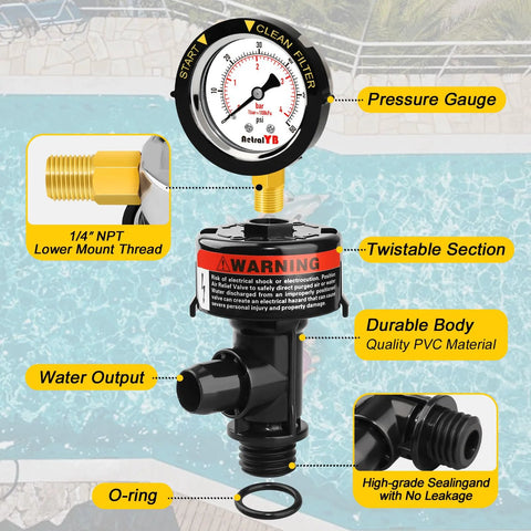 AetralYB manual pool filter air relief valve with stainless steel pressure gauge on a black PVC body
