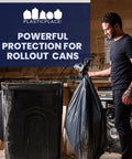 Man holding Beefy 64 To 65 Gallon Black Trash Bags Heavy Duty Toter Can Liners Leak Proof Industrial Strength in workshop