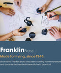 Group discussing Franklin Brass hardware designs with sketches and samples, showcasing practical and beautiful home accents since 1946.