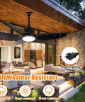 42 Inch Outdoor Ceiling Fan With Light Black Waterproof Gazebo Hangin Fan For Patios And Porches Remote And App Control Plug In 6 Speed Reversible DC Motor Weatherproof For Indoor And Outdoor Use Easy Install shown in gazebo setup with rainfall