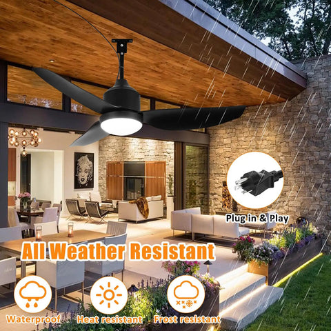 42 Inch Outdoor Ceiling Fan With Light Black Waterproof Gazebo Hangin Fan For Patios And Porches Remote And App Control Plug In 6 Speed Reversible DC Motor Weatherproof For Indoor And Outdoor Use Easy Install shown in gazebo setup with rainfall