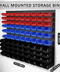 90 Piece Wall Mounted Plastic Storage Bins Organizer For Screws Nuts Bolts Nails Beads And Small Hardware Parts In Garage Or Shop Durable Multi Section Rack With Easy Mounting In Red Blue And Black.