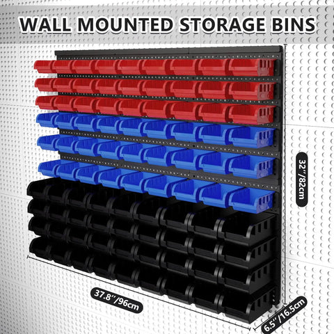 90 Piece Wall Mounted Plastic Storage Bins Organizer For Screws Nuts Bolts Nails Beads And Small Hardware Parts In Garage Or Shop Durable Multi Section Rack With Easy Mounting In Red Blue And Black.