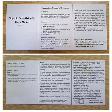 Instruction manual for Rechargeable Pulse Oximeter With Real Time SpO2 And Pulse Rate Readouts, Finger Oximeter For Sports And Aviation