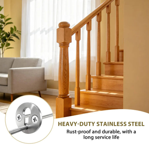 Set Of Eight Heavy Duty Newel Post Fasteners With Concealed Mounting Brackets And Coarse Thread Screws For Rigging Stair Railings To Posts showing durable stainless steel fasteners.