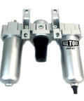 Front view of Three Quarter Inch Heavy Duty FRL Air Control Unit with Auto Drain and Lubricator, showing dual silver canisters.