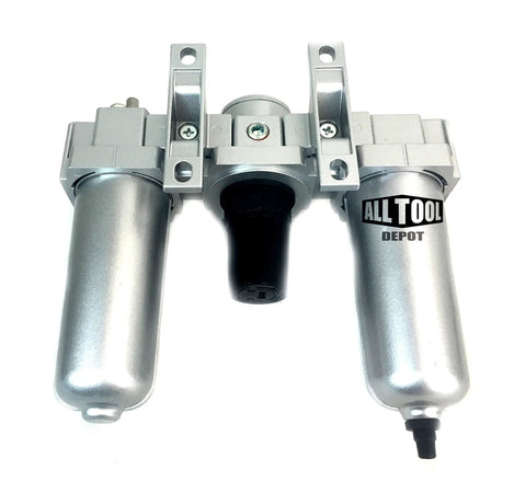 Front view of Three Quarter Inch Heavy Duty FRL Air Control Unit with Auto Drain and Lubricator, showing dual silver canisters.