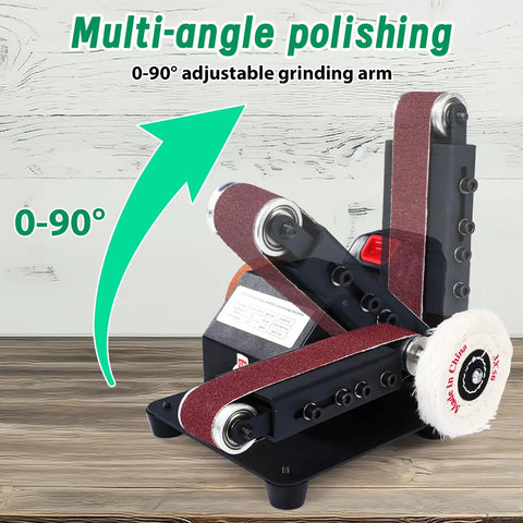 Top Shelf Compact 90 Degree Vertical Belt Sander With Electric Knife Sharpener Bench Grinder Kit with adjustable grinding arm.