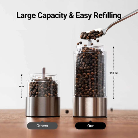Comparison of an Upgraded Large Capacity Electric Salt And Pepper Grinder Set Game Changer 110ml and a smaller 60ml version.