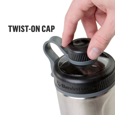 Hand twisting cap on Radian Shaker Cup Insulated Stainless Steel Water Bottle With 316 Surgical Grade Stainless Steel Wire Whisk 26 Ounce