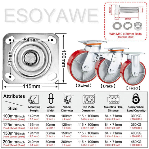 Heavy Duty Swivel Caster Set Of Four With Locking Brakes Silent Polyurethane Wheels with dimensions and steel construction.