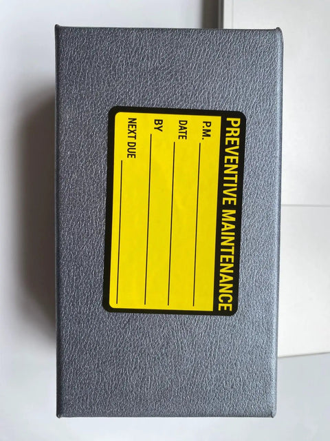 2x3 Inch Preventive Maintenance Sticker Set 200 pcs black yellow label on equipment box showing date and next due fields