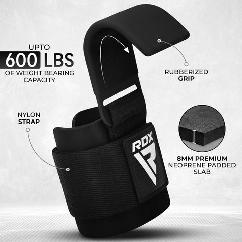 Weight Lifting Hooks For Deadlifts And Pull Ups, 600 Lb Capacity, 8mm Neoprene Wrist Wraps, shown with rubberized grip, nylon strap