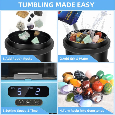 All In One Rock Polisher Kit With Noise Reducing Cover Variable Speed And Timer Includes Four Polishing Grits Rough Gemstones