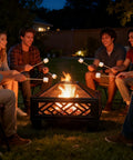 Group enjoying a 26 Inch Wood Burning Fire Pit With Cooking Grill And Spark Screen, Heavy Duty Steel Outdoor Firepit for gatherings