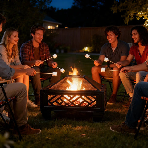 Group enjoying a 26 Inch Wood Burning Fire Pit With Cooking Grill And Spark Screen, Heavy Duty Steel Outdoor Firepit for gatherings