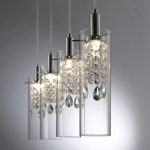 Dope Glam 4-Branch LED Pendant Light With Dimmable Function showing clear glass fixture and hanging crystals