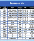 Hands On SMD Soldering Practice Kit components list showing SMD packages, types, models, quantities, and positions for LED project.