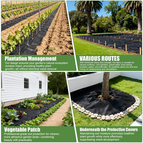 Built Tough 4Oz Nonwoven Geotextile Weed Barrier Fabric 3Ft By 100Ft used in various landscaping and gardening applications.