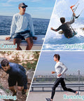 Men in Men's UPF 50 Plus Sun Shield Hoodie Rash Guard, Lightweight 4 Way Stretch Long Sleeve Shirt for casual, surfing, hiking, running.