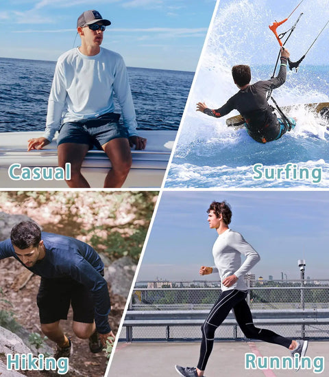 Men in Men's UPF 50 Plus Sun Shield Hoodie Rash Guard, Lightweight 4 Way Stretch Long Sleeve Shirt for casual, surfing, hiking, running.