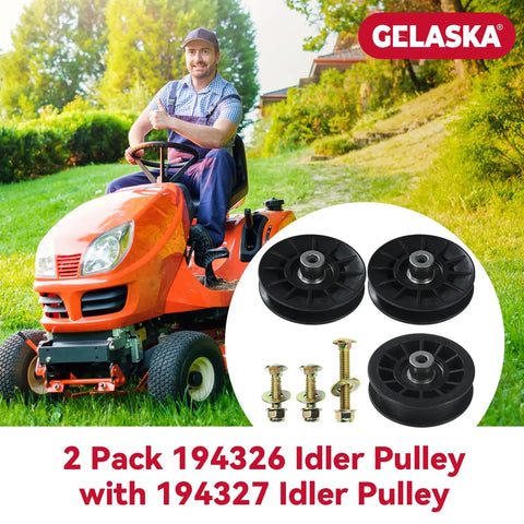 Two Pack V Groove And Flat Idler Pulleys Replaces 194326 194327 For Husqvarna YTH Decks with tractor in garden