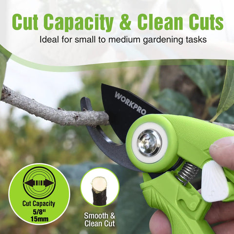 6.9 Inch Bypass Pruning Shears With Sharp SK5 Steel Blade cutting branch, ergonomic green grip, ideal for gardens