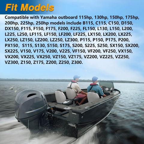 Boat on water with two people, compatible with Yamaha models. Outboard Water Pump Drive Shaft Collar Spacer And Washers Kit For Yamaha Two Stroke 115HP To 300HP And Yamaha Four Stroke 115HP To 225HP Mercury 225 EFI Four Stroke Replacement Parts 61A-45527-00-00 61A-45538-00-00
