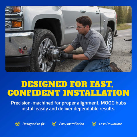 Mechanic installing Single Front or Rear Wheel Hub & Bearing Assembly for Chevrolet Impala, Precision Fit Direct Replacement.