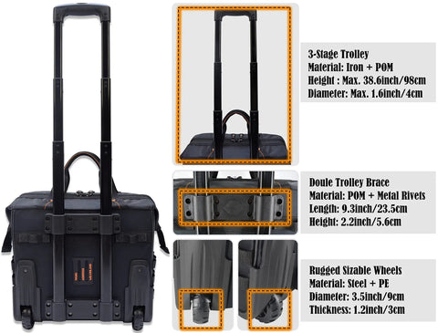 Back view of 46 Pocket 26 Inch Rolling Tool Bag On Wheels For Pros with telescoping handle, rugged base, and detailed materials.