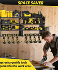 Heavy Duty Wall Mounted Tool Organizer With Eight Cordless Drill Holders, Four Layer Garage Storage Rack, 600 Lb Capacity
