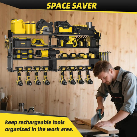 Heavy Duty Wall Mounted Tool Organizer With Eight Cordless Drill Holders, Four Layer Garage Storage Rack, 600 Lb Capacity
