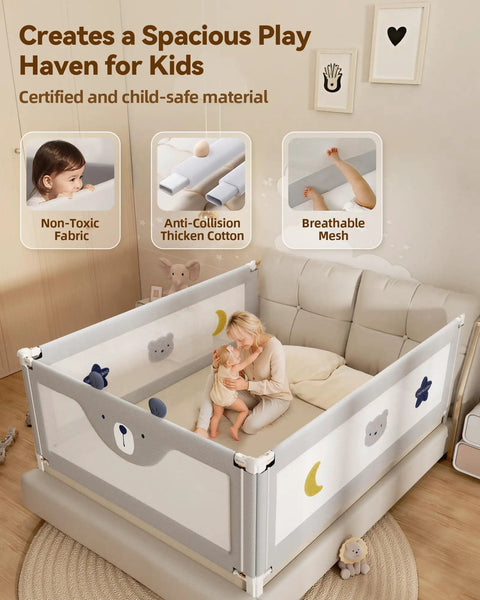 Child playing inside gray bear-themed playpen with breathable mesh and non-toxic fabric, showcasing safe and spacious design