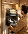 Man organizing sweaters in a Hangable Closet Shelf Organizer With Soft Fabric Storage Bin to Safeguard Delicate Threads Tidy Dorm Rooms and Small Spaces Neutral Aesthetic Design Improve Your Daily Grind.
