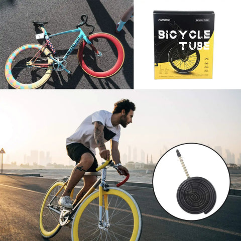 Road Bike Inner Tubes 700X28-32C With 60mm Presta Valve, Premium Butyl Rubber, packaging and cyclist on road bike