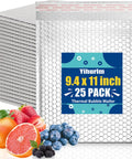 Stack of silver metallic thermal bubble mailers with fruit, labeled '9.4 x 11 inch 25 pack' for insulated shipping.