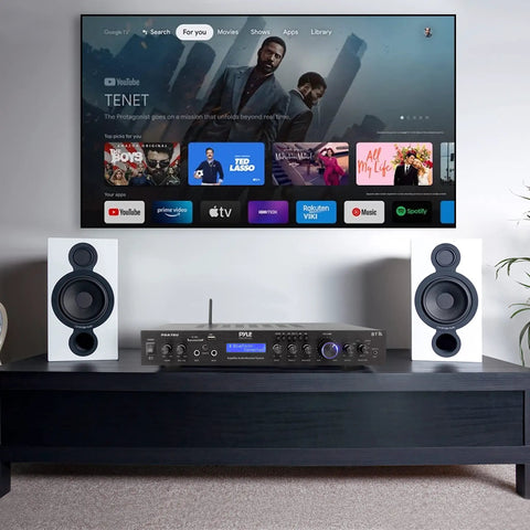 5 Channel Rack Mount Bluetooth Amplifier Receiver For Home Theater And Speakers on a media console setup