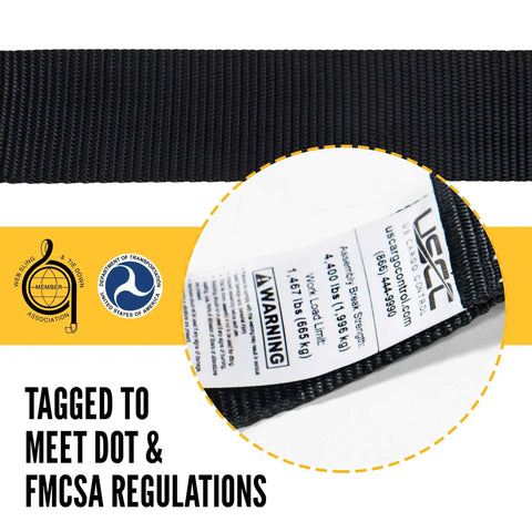 4 Pack Hookless Endless Loop Ratchet Straps 2 Inch By 10 Foot Heavy Duty Polyester Webbing label showing compliance with DOT FMCSA standards