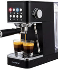 Premium Twenty Bar Espresso Maker With Built In Milk Frother And One Point Eight Quart Removable Tank serving fresh espresso shots in sleek black.