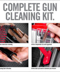 Image of All In One 9mm Gun Cleaning Kit with bore snake, brushes, and cleaning rod in hand, demonstrating gun maintenance.
