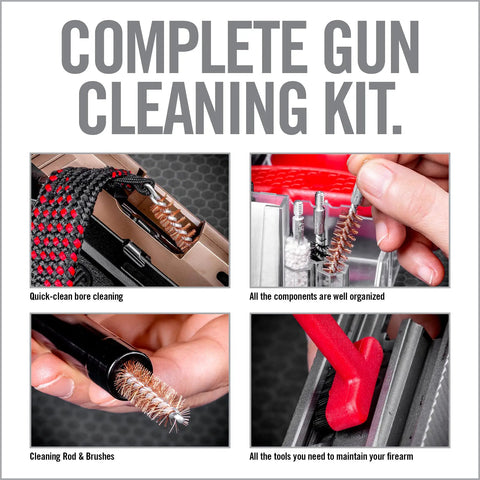 Image of All In One 9mm Gun Cleaning Kit with bore snake, brushes, and cleaning rod in hand, demonstrating gun maintenance.