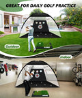 Indoor And Outdoor Golf Hitting Practice Net 10x7ft With Heavy Duty Base And Dual Turf Mat set up for backyard and garage use
