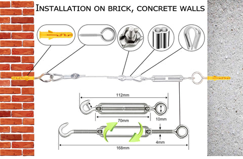 Outdoor Wire Rope Kit 50M PVC Coated One Sixteenth Inch Stainless Steel Cable Setup with turnbuckles and eye hooks on brick wall