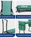 Foldable Garden Kneeler And Seat With Soft EVA Foam Pad Heavy Duty Steel Frame Portable Kneeling Bench For Gardening Camping And Fishing Includes Two Tool Pouches Green, showing EVA foam pad, 330 lb capacity, steel frame, tool pouches.