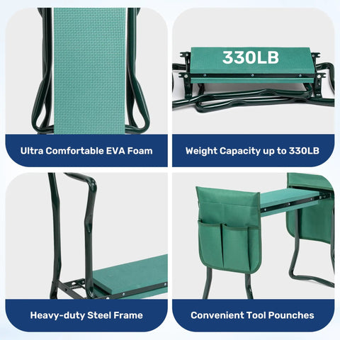 Foldable Garden Kneeler And Seat With Soft EVA Foam Pad Heavy Duty Steel Frame Portable Kneeling Bench For Gardening Camping And Fishing Includes Two Tool Pouches Green, showing EVA foam pad, 330 lb capacity, steel frame, tool pouches.